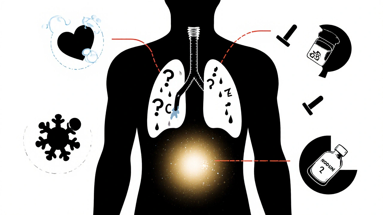Human silhouette with slowed organs and triggers like cold, missed dose, and infection pointing to thyroid.
