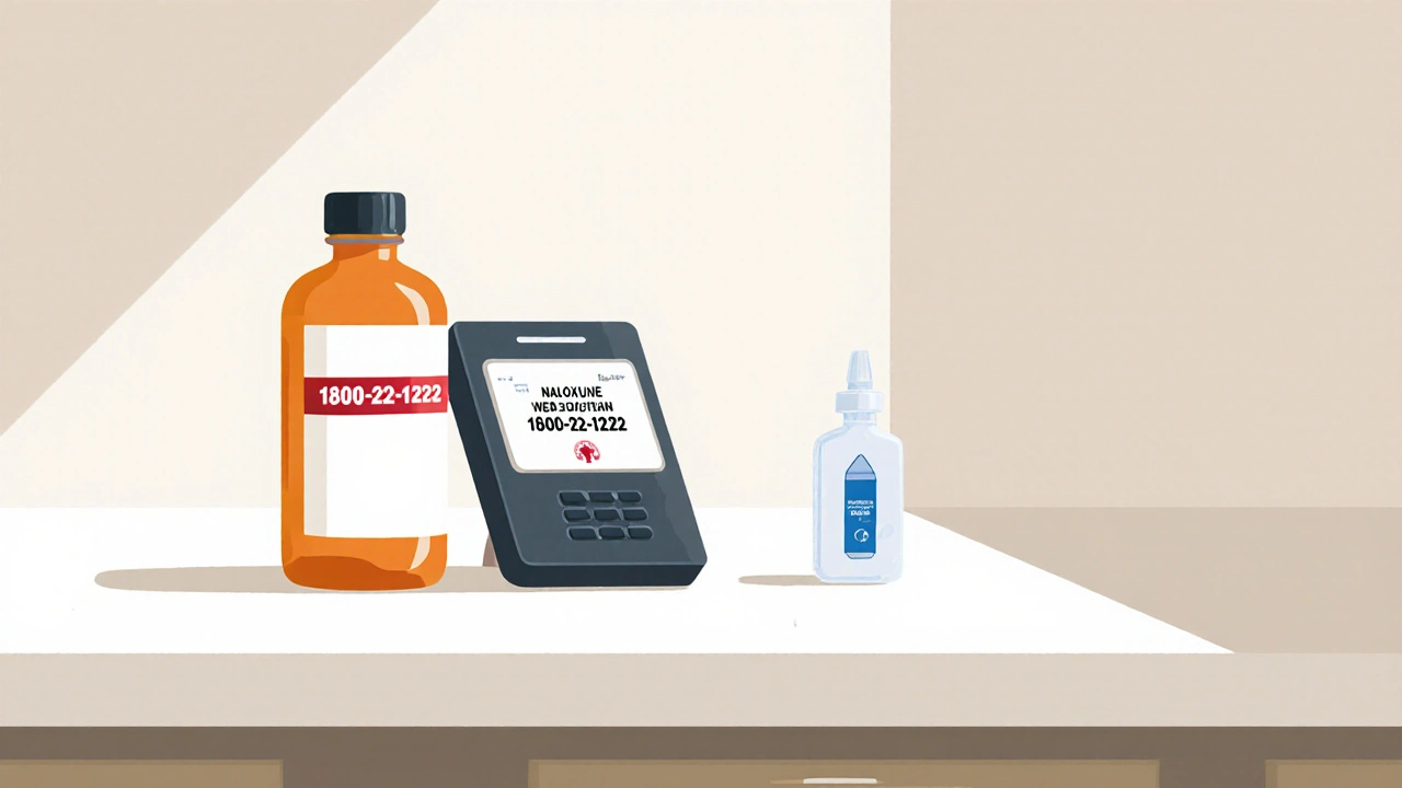 Kitchen counter with medicine bottle, phone showing poison control number, and naloxone kit.