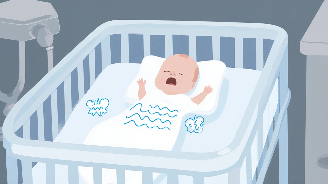 Newborn in NICU with abstract lines representing tremors, crying, and breathing difficulties