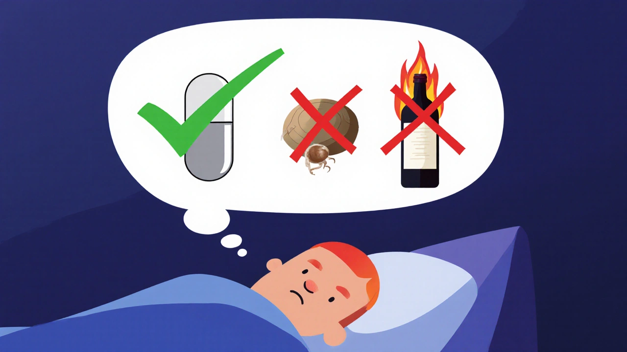 Person in bed with thought bubble showing GABA safe, kava and alcohol dangerous, in flat minimalist design.