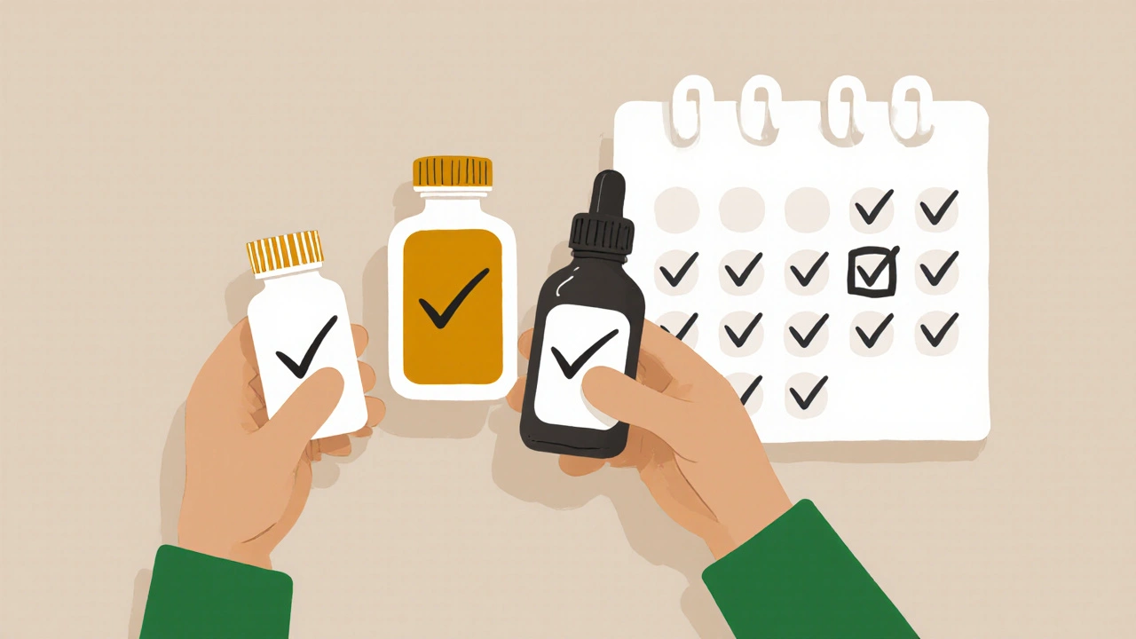 Person taking bariatric supplements in chewable, liquid, and spray forms as part of daily routine.