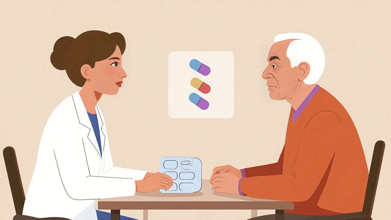 Pharmacist and older adult reviewing a single pill box together.