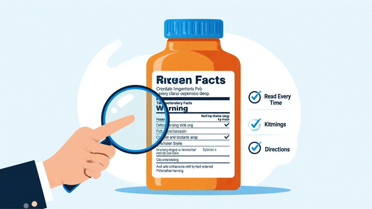 Pharmacist explaining a Drug Facts label with a magnifying glass over key sections.