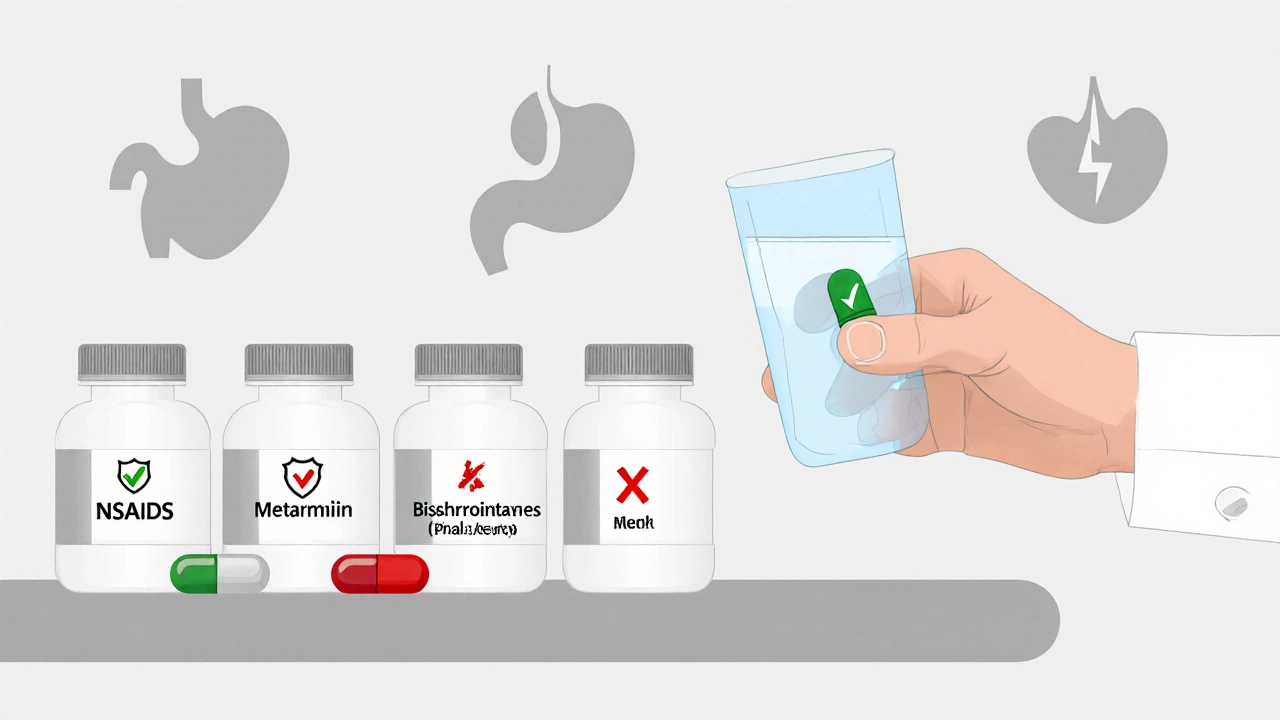 Pharmacy shelf showing risky medications and protective solutions with water and PPI