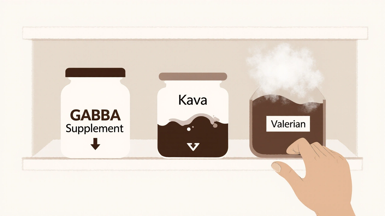 Pharmacy shelf with three supplement jars: GABA empty, kava overflowing, valerian misty, in minimalist style.