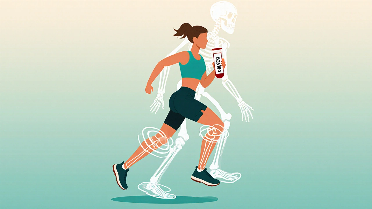 Runner holding blood test tube with glowing bone and muscle areas, transparent skeleton in background