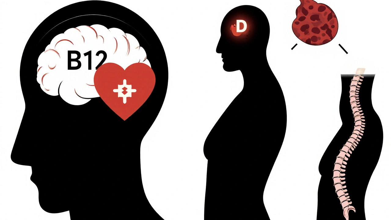 Silhouette with internal icons showing vitamin deficiencies and restored health through supplementation.