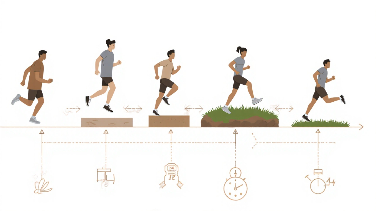 Six minimalist phases of shin injury recovery shown as icons connected by arrows