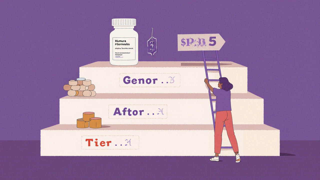 Tiered pharmacy shelf with affordable generics on lower levels and expensive specialty drug on top, person reaching with a ladder labeled &#039;Appeal&#039;.