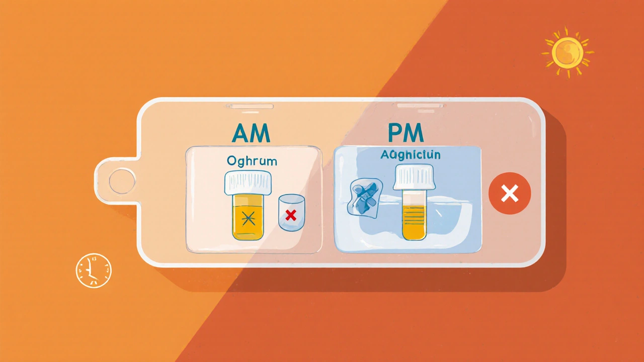 Two-compartment pill organizer showing correct separation of thyroid med, magnesium, and antibiotic.