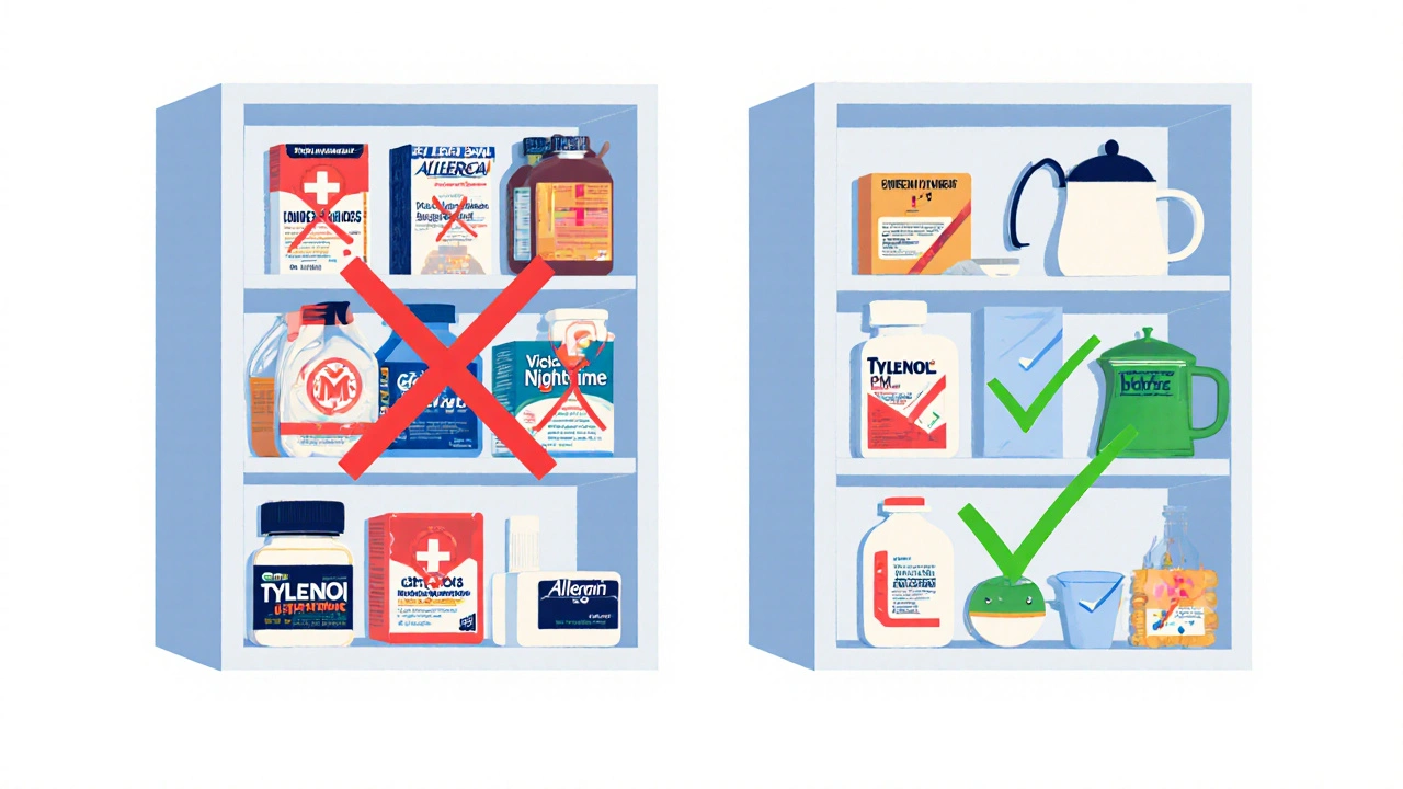 Two medicine cabinets: dangerous antihistamines vs safe alternatives