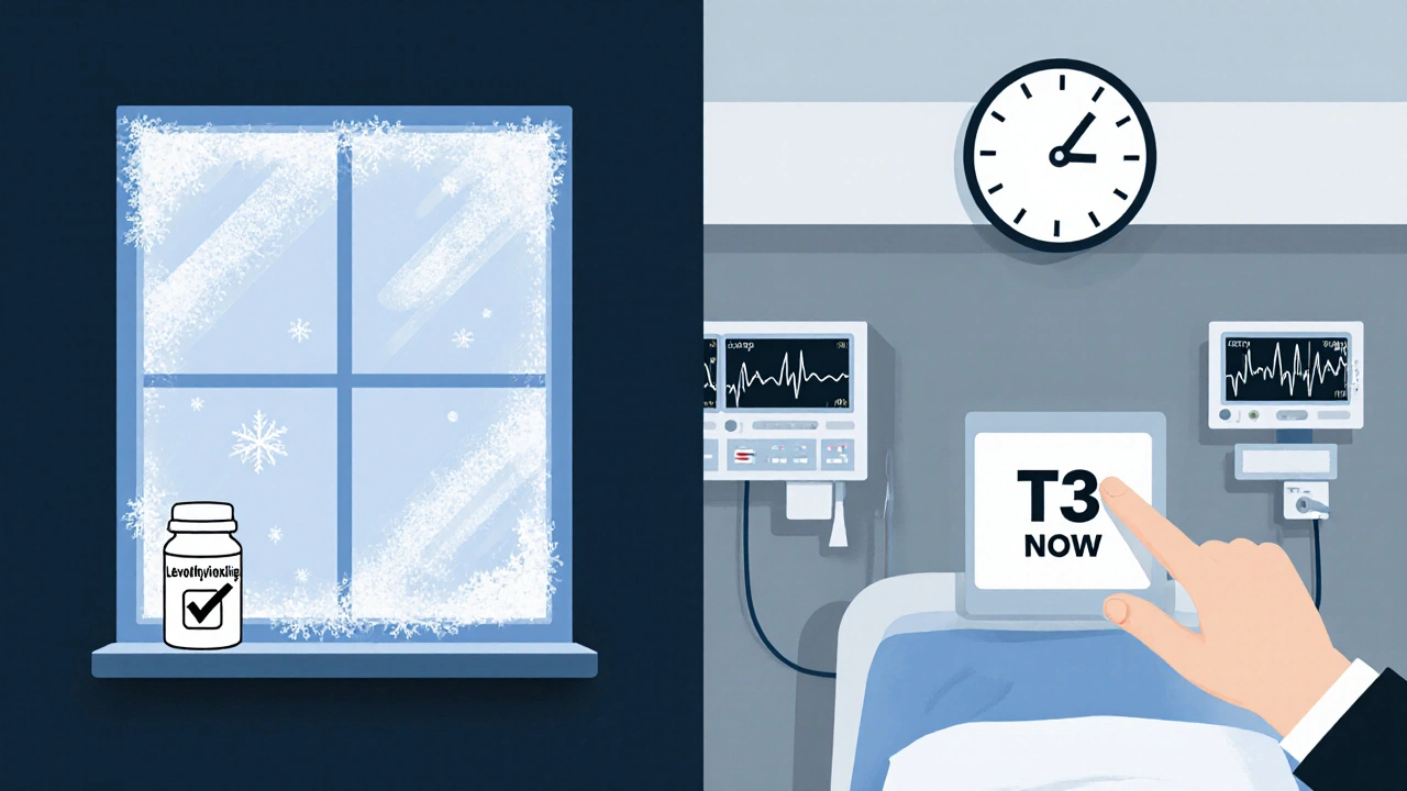 Winter window with missed pill vs. ICU alarm clock ticking past 30 minutes with urgent T3 button.