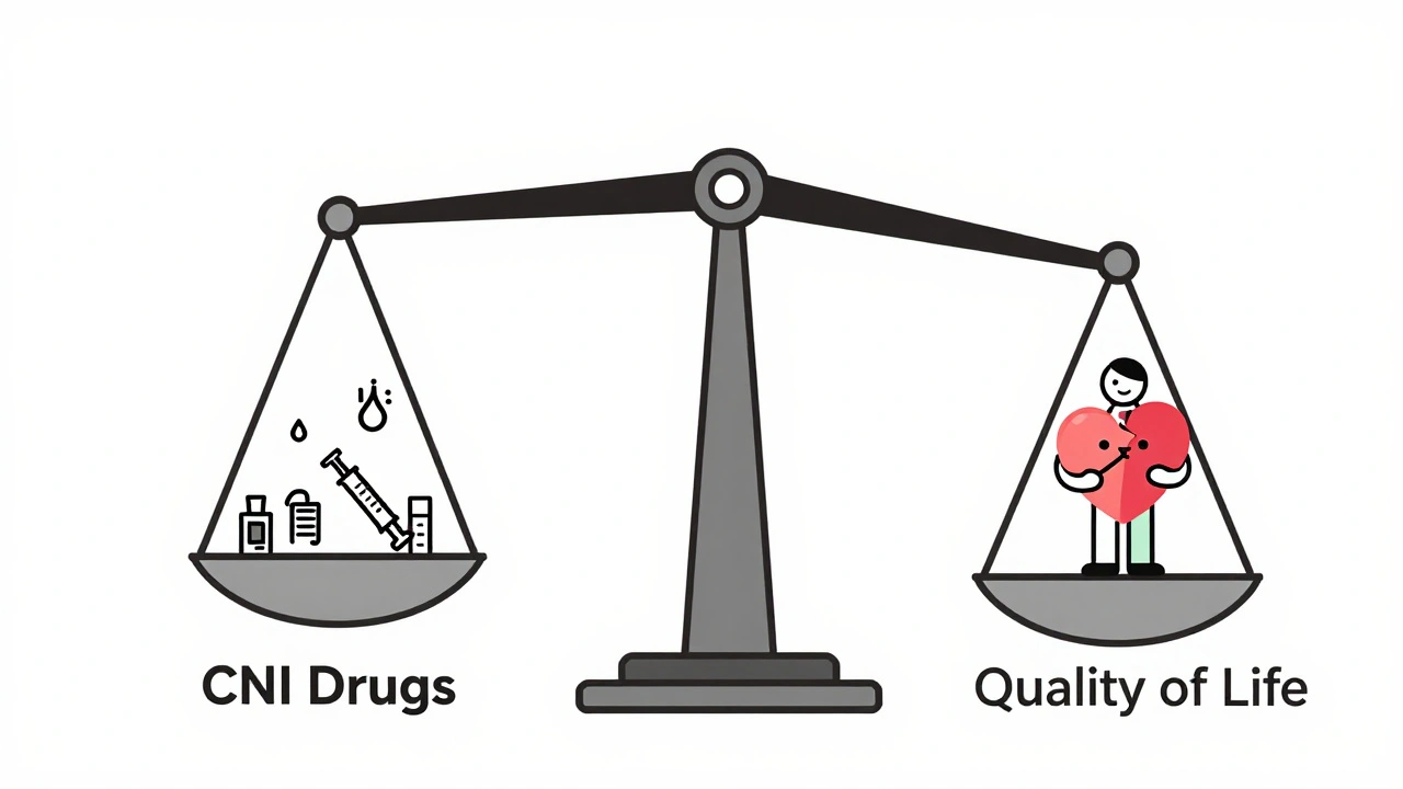A balanced scale tipping under side effects of transplant drugs, with tiny icons of health issues outweighing a small figure representing quality of life.