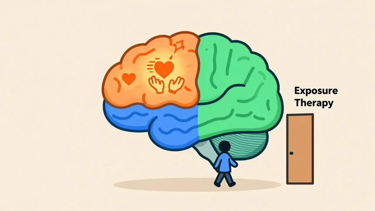 A brain divided into three colored zones representing anxiety, calm, and therapy, drawn in flat geometric shapes.