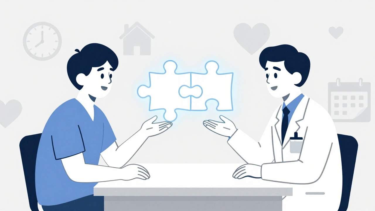 A patient and two specialists discussing a personalized cancer treatment plan with life-focused icons.