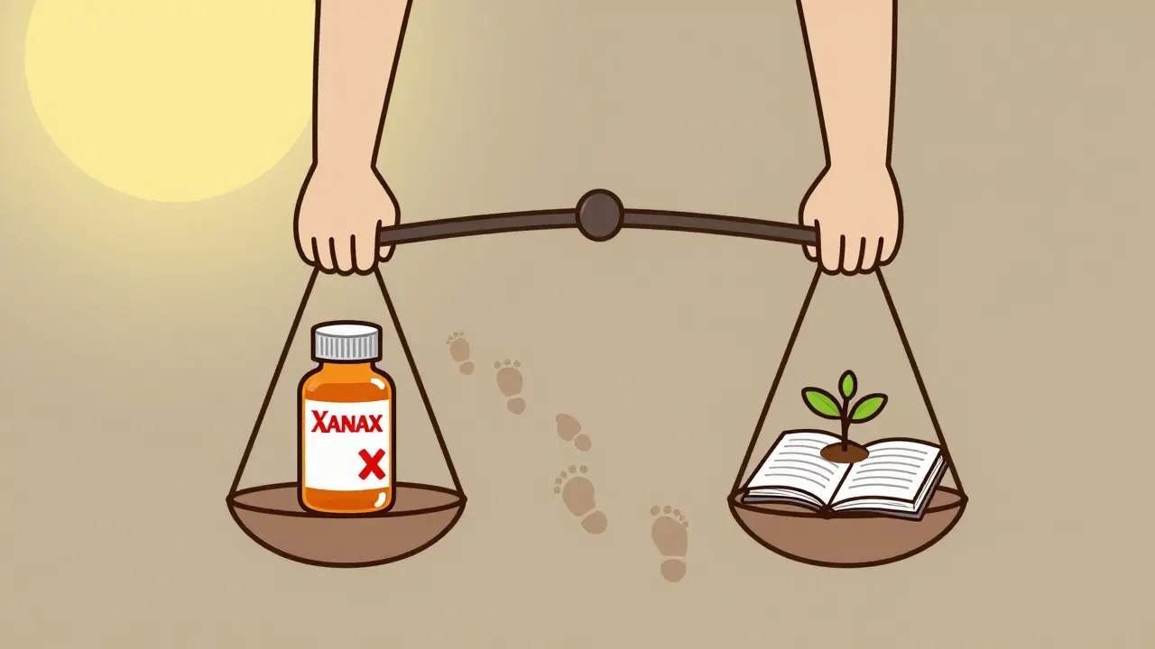 A person balancing medication against therapy and growth, shown in minimalist line art with symbolic scales.