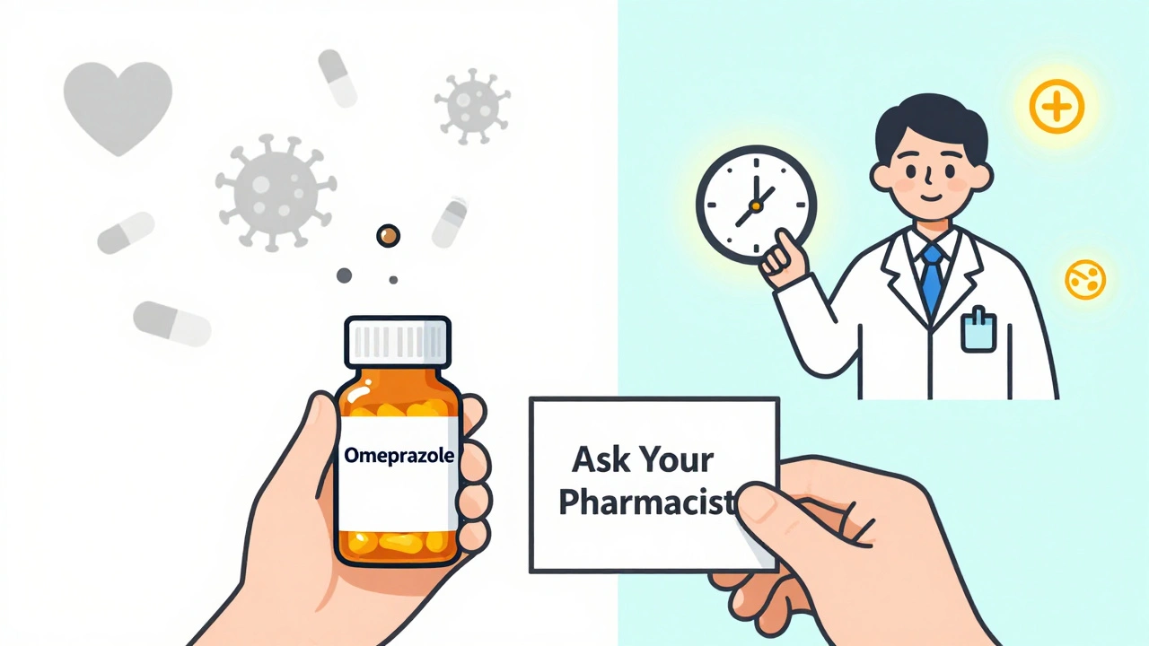 A person holding a PPI bottle as a pharmacist offers a note about timing, with fading vs. glowing drug symbols in the background.