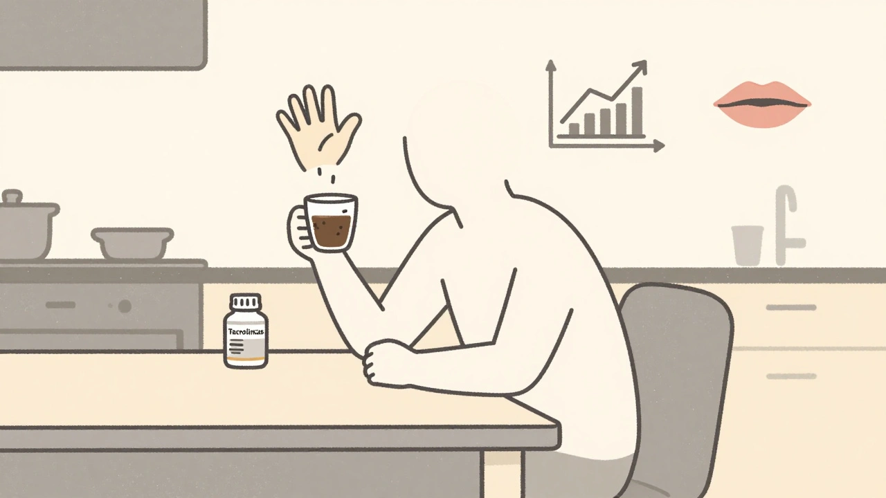 A person with trembling hand holding a tacrolimus pill bottle, floating icons showing side effects like shaky hands and high blood sugar.