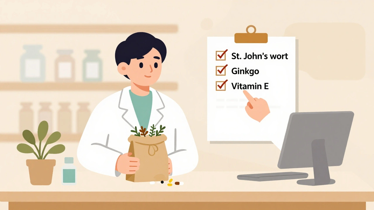 A pharmacist reviewing supplements from a brown bag with a doctor.