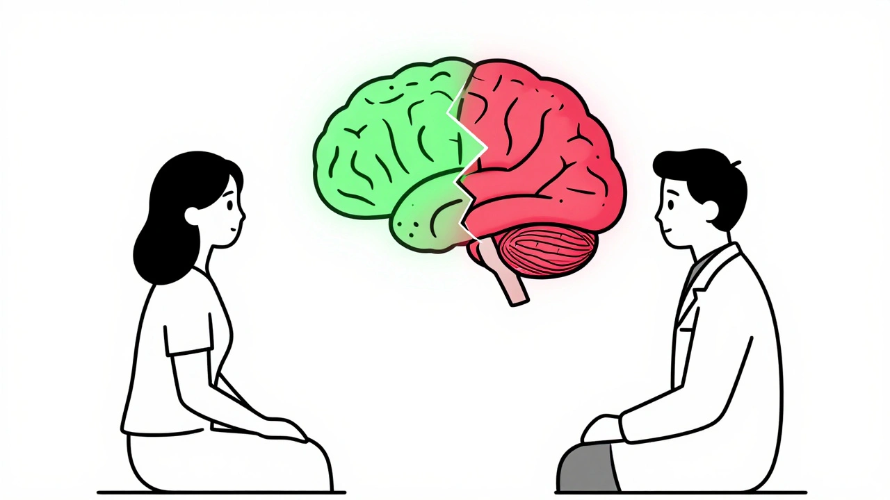 Abstract brain diagram showing safe and risky hormonal pathways in a doctor&#039;s office setting.