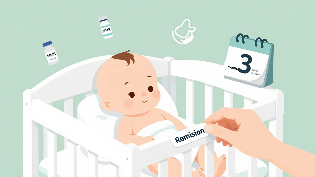 Baby in crib surrounded by vaccine and breastfeeding icons with remission sticker