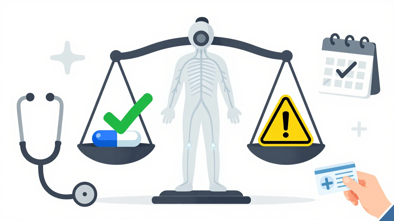 Balanced scale comparing safe and risky antibiotics for myasthenia gravis patient.