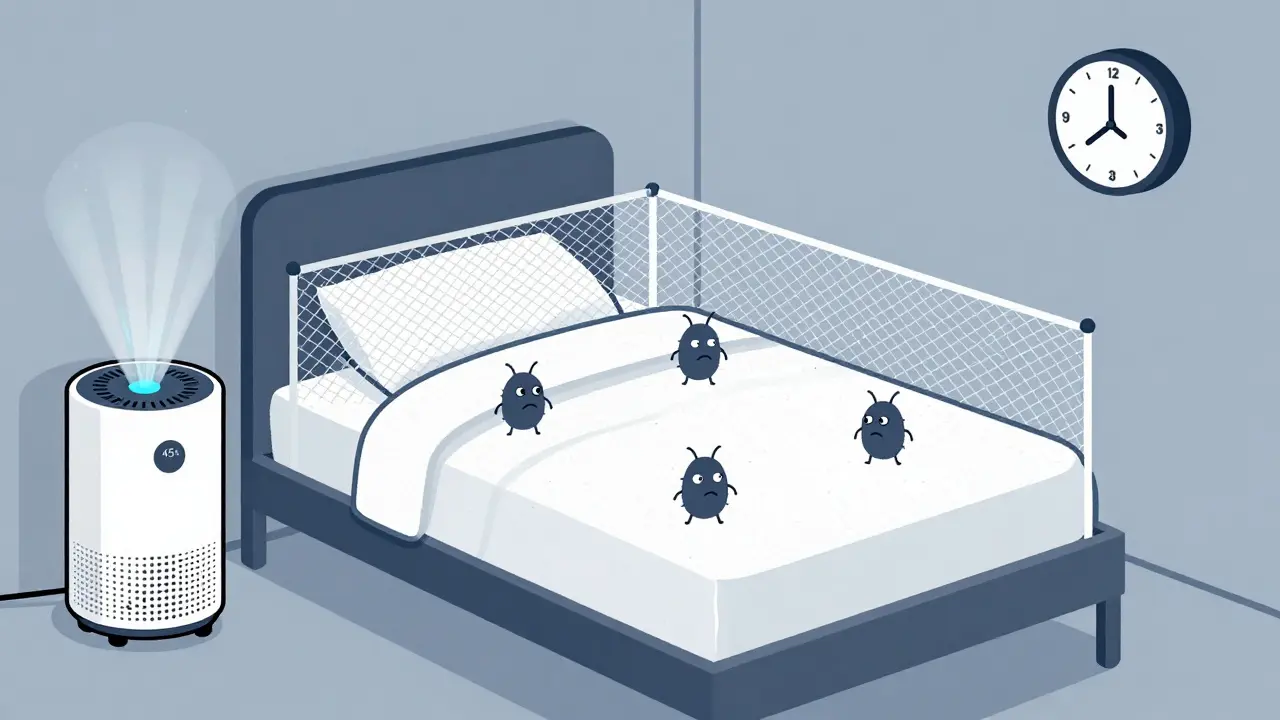 Bed with allergen-proof cover blocking dust mites, dehumidifier nearby.