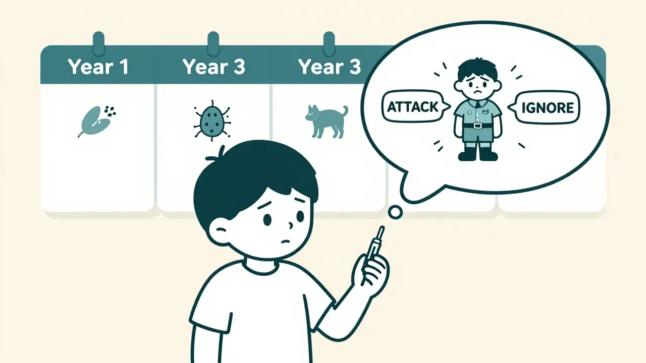 Child getting allergy shot as immune system changes from attack to ignore mode.