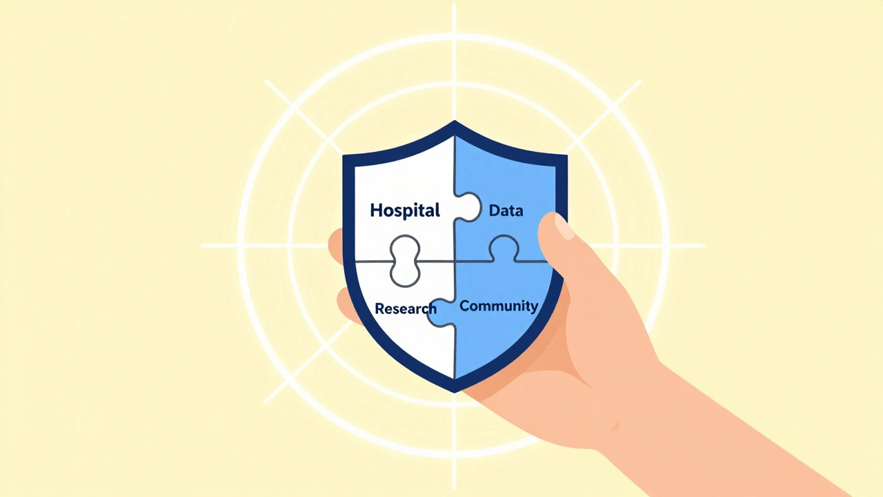 Child’s hand holding a shield of interconnected pieces, symbolizing a national safety network for children.