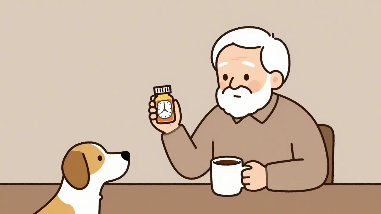 Elderly person taking pill with coffee and dog nearby in calm morning setting