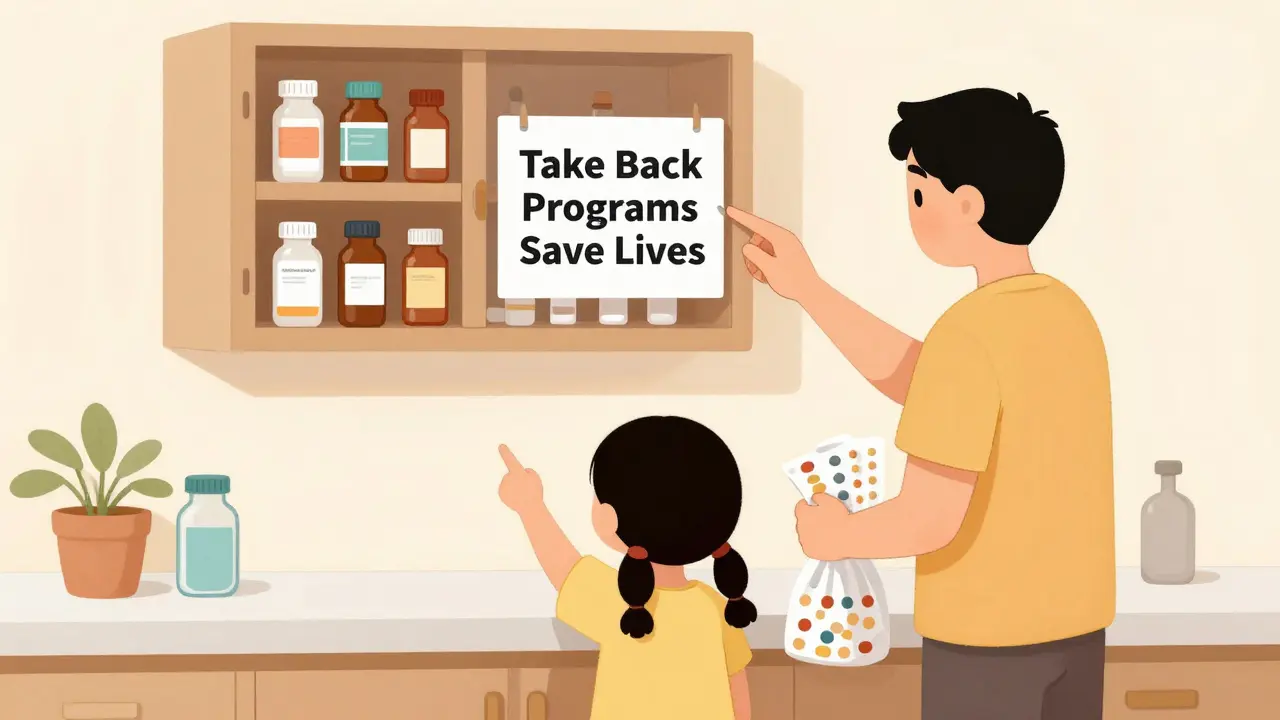 Family preparing to dispose of expired medications using a take-back program
