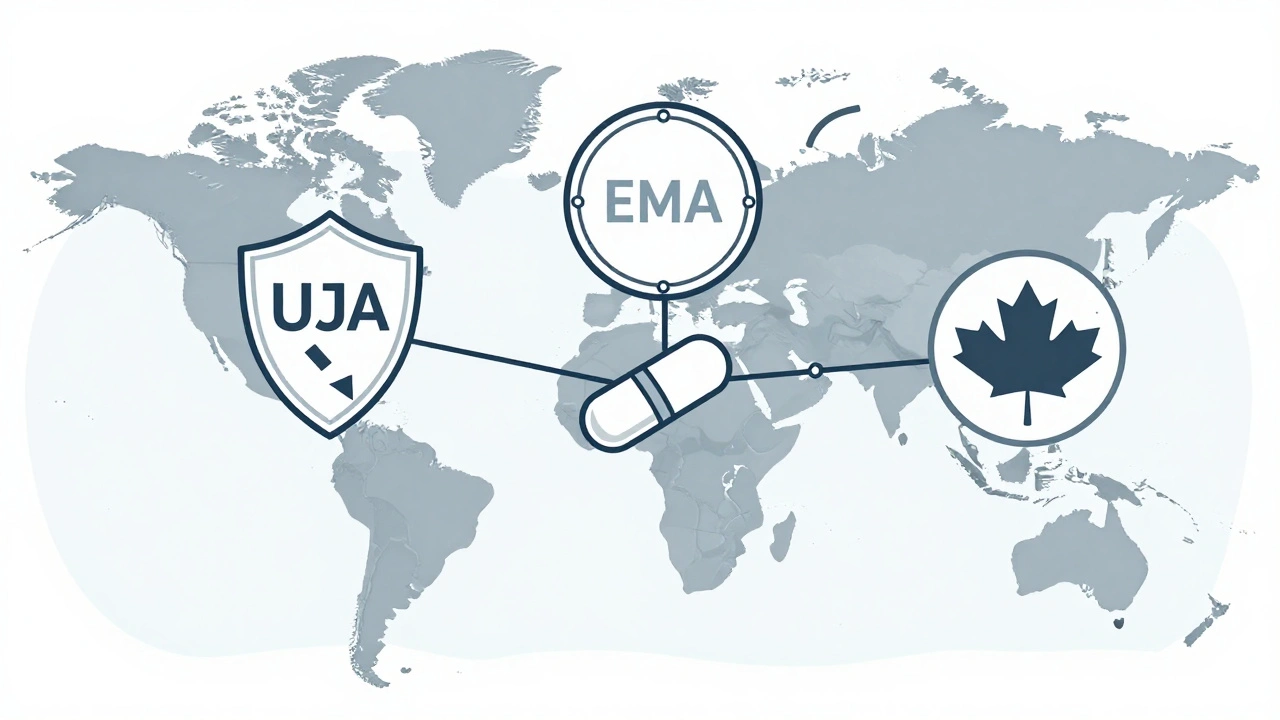 Global regulatory icons for FDA, EMA, and Health Canada with narrow bioequivalence ranges.