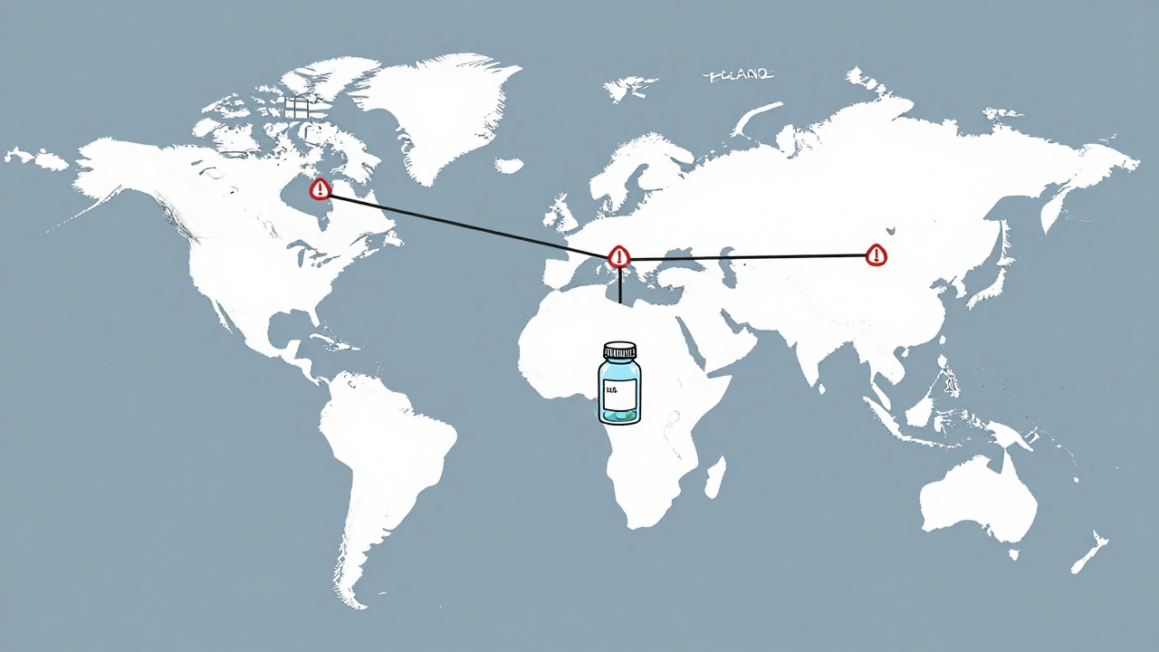 Global supply chain map with broken connections leading to a single pill bottle.