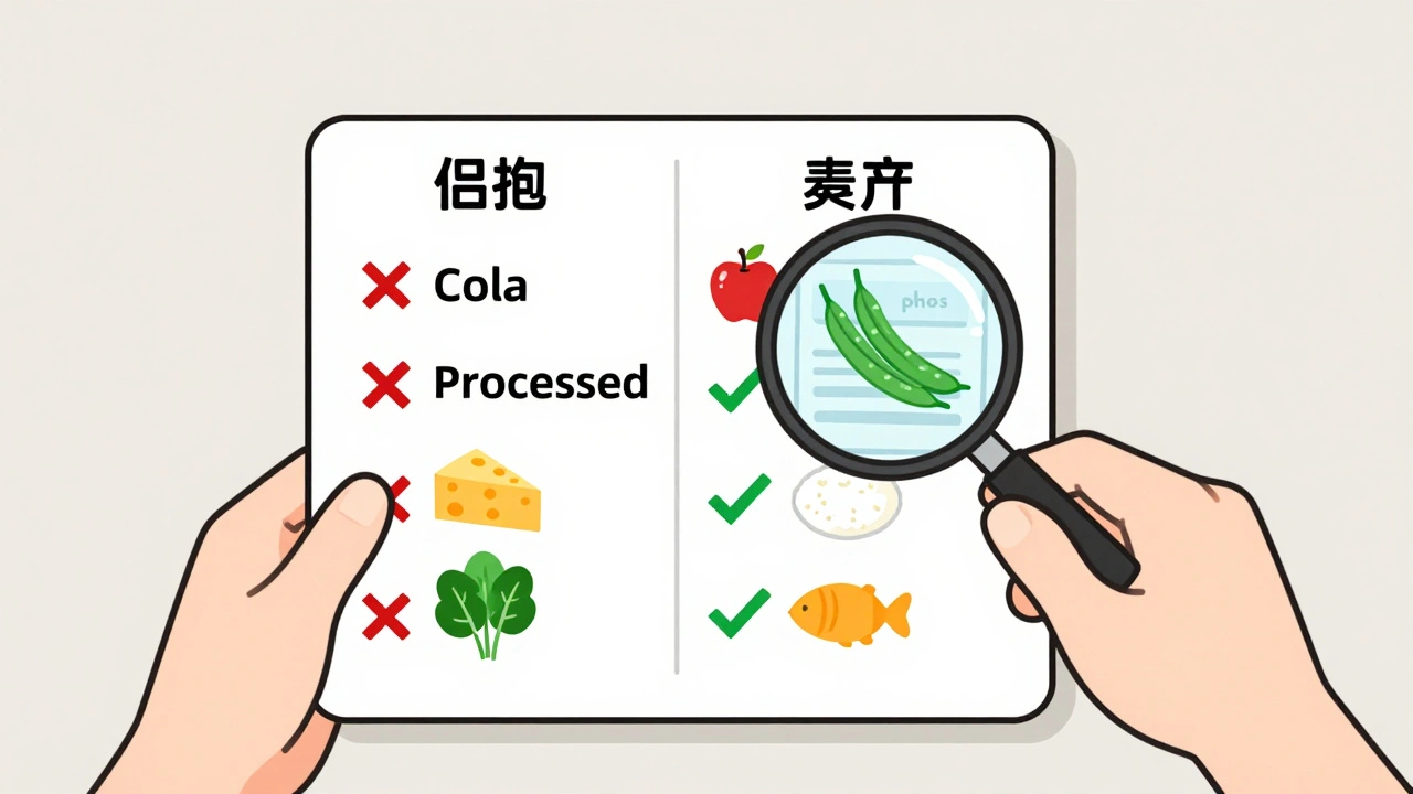 Grocery list with forbidden and safe foods for kidney disease, magnifying glass on label