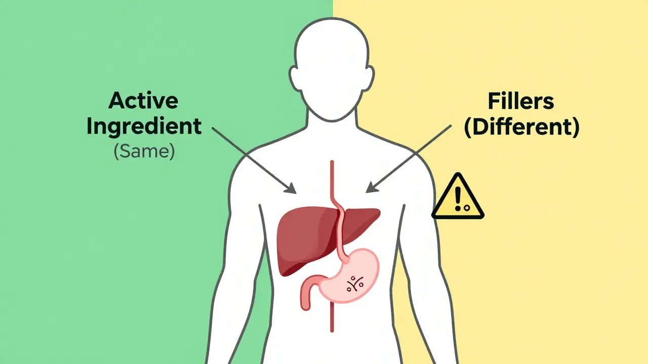 Human silhouette with arrows showing active ingredient vs. different fillers.