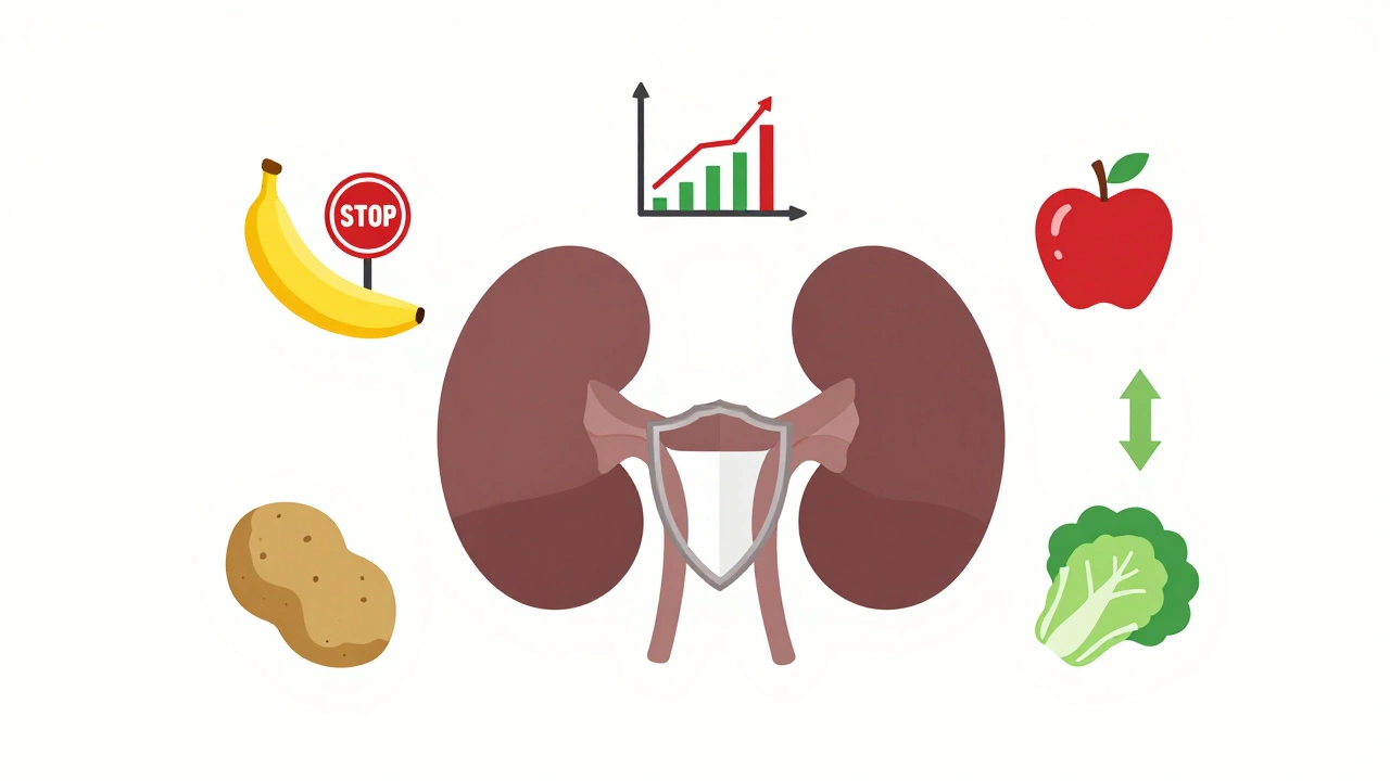 Kidney silhouette protected by safe foods, with red Xs over high-potassium items
