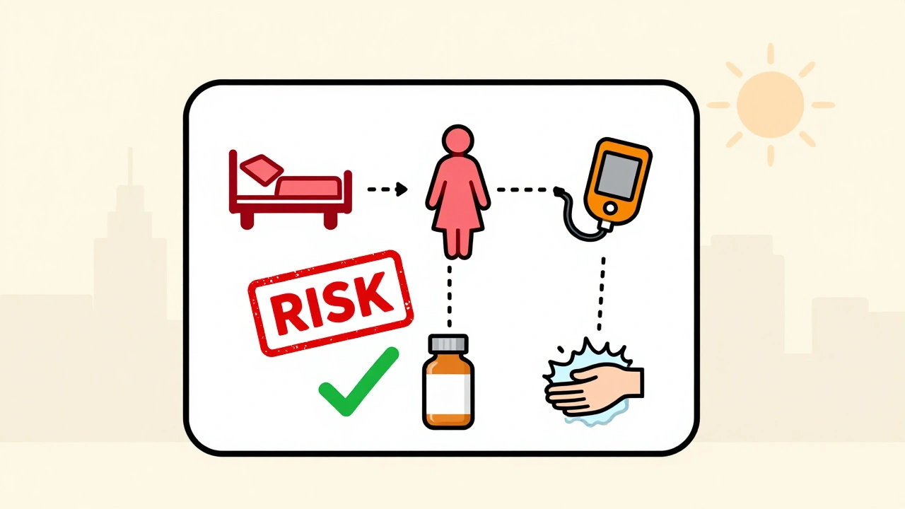 Medical risk icons with safe antibiotic and handwashing, representing prevention and caution.