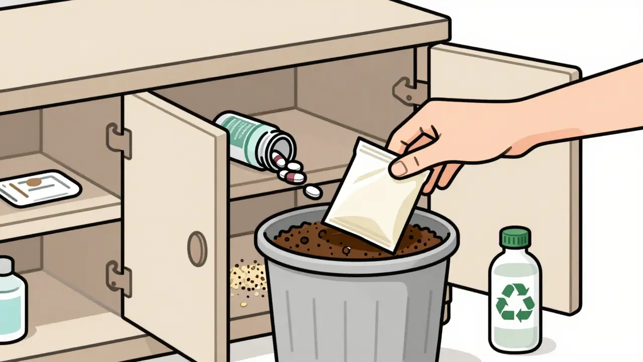 Medications being safely disposed of in trash mixed with coffee grounds, with a recycled bottle nearby.