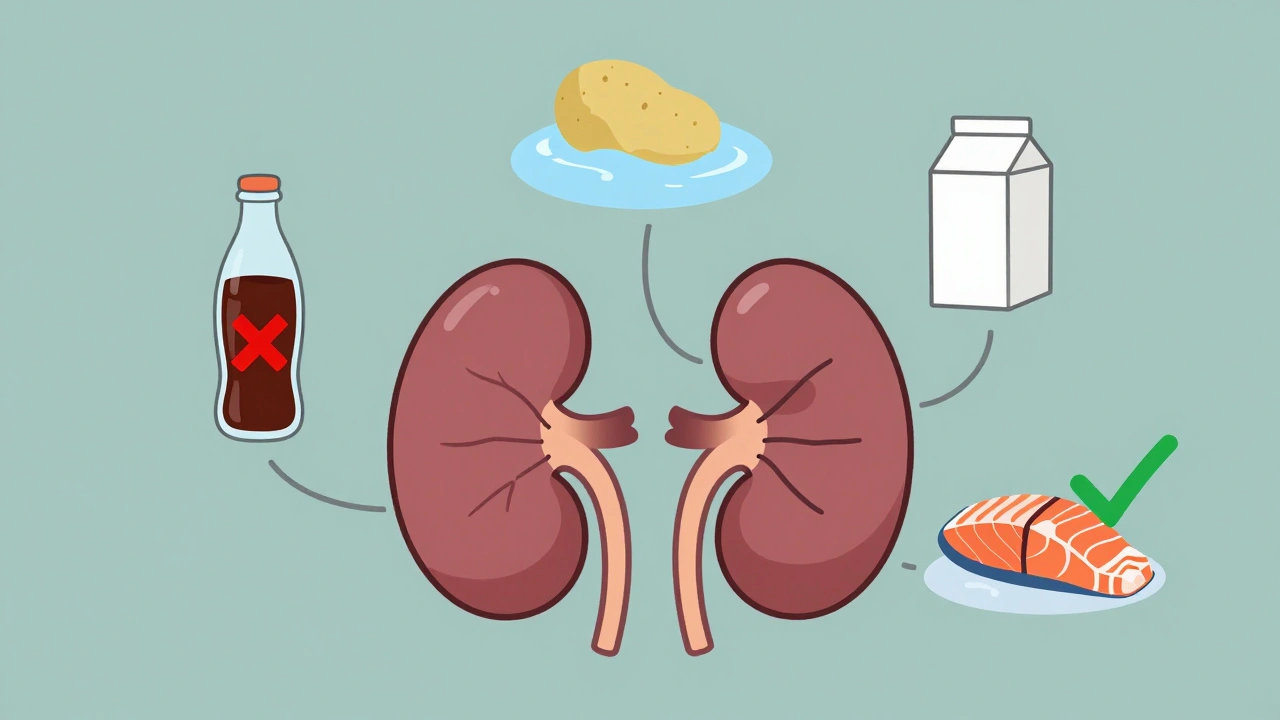 Minimalist kidney illustration with icons representing safe and harmful foods for renal diet.