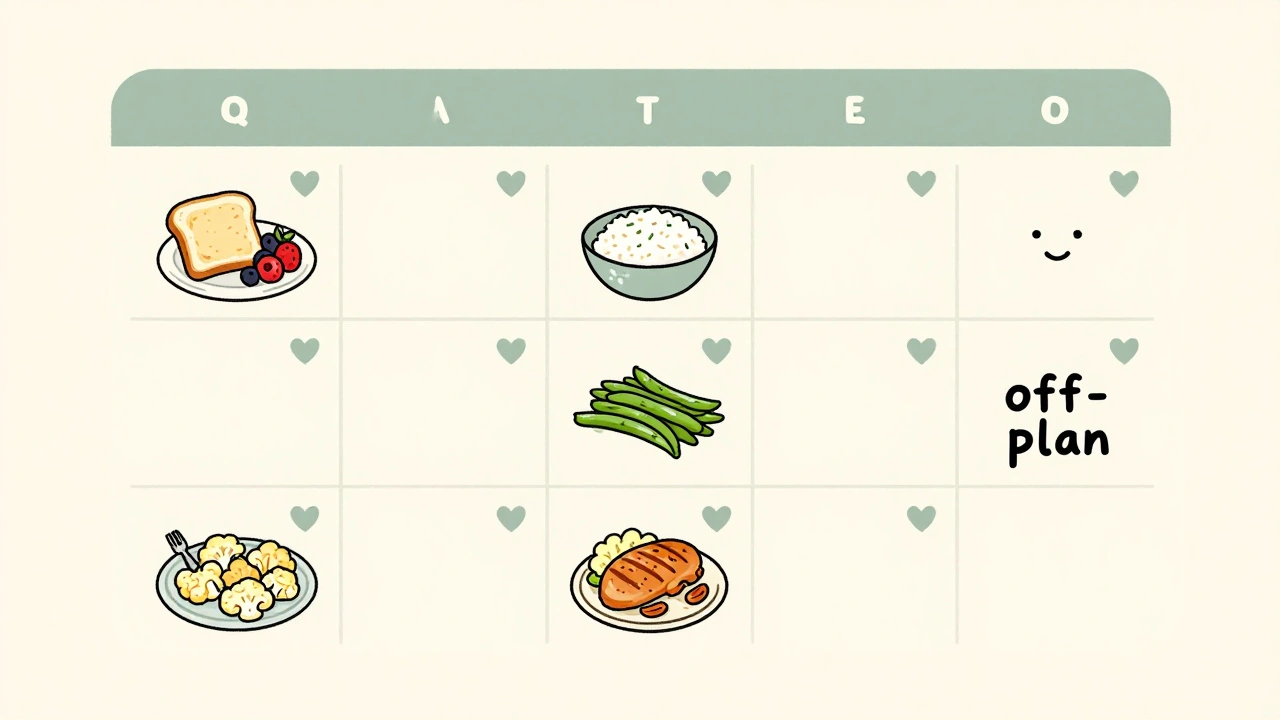 Minimalist weekly meal plan with kidney-friendly meals and a single off-plan day.