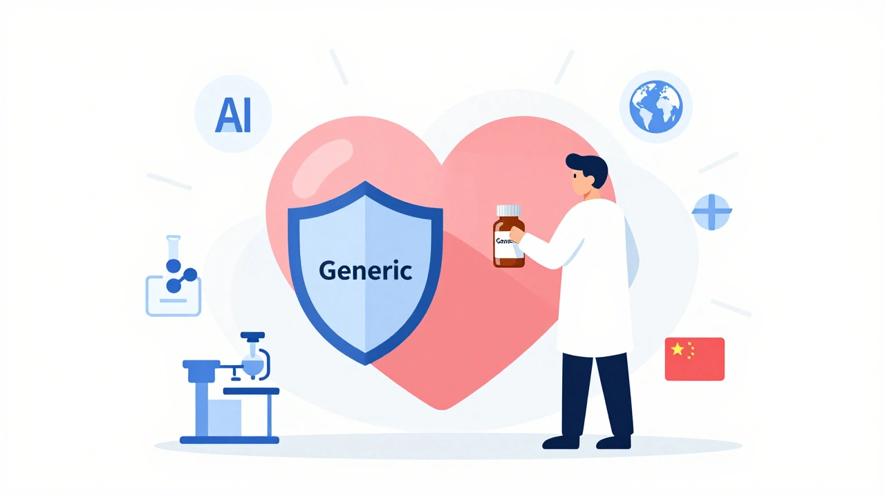 Patient holding generic pill bottle beside a shielded heart with science and global icons.
