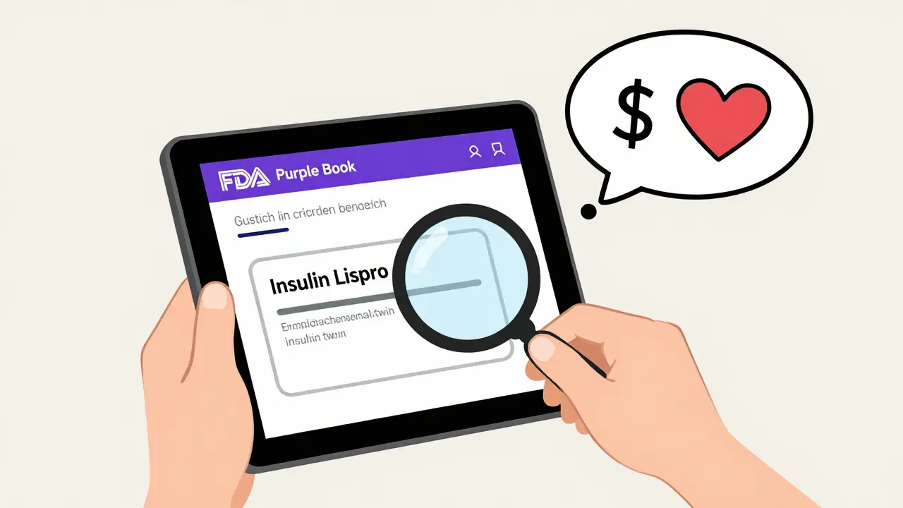 Patient viewing Purple Book on tablet, seeing an interchangeable insulin product with symbols for cost and safety.