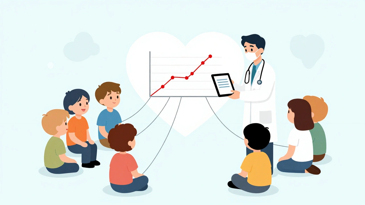 Pediatrician monitoring side effects on a tablet, with children connected to a heart-shaped safety board.