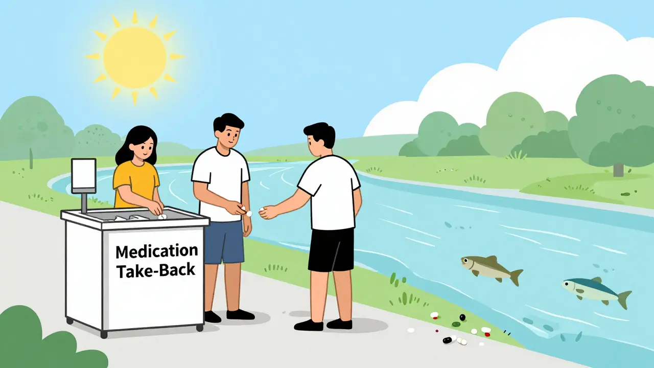 People dropping off unused pills at a community take-back bin, with a clean river in the background.