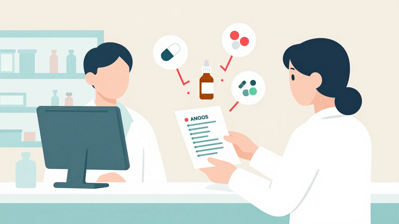 Person at pharmacy with medication list and interaction warning icons