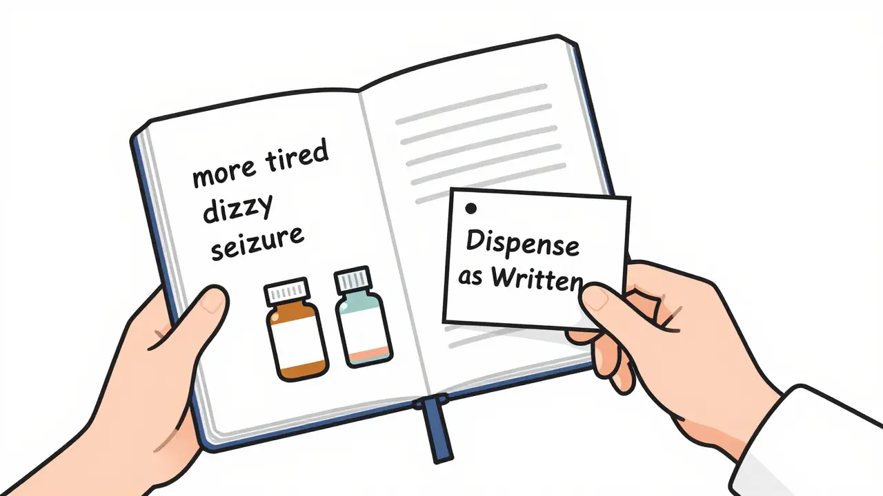 Person journaling symptoms beside two pill bottles, with a doctor offering a special prescription note.