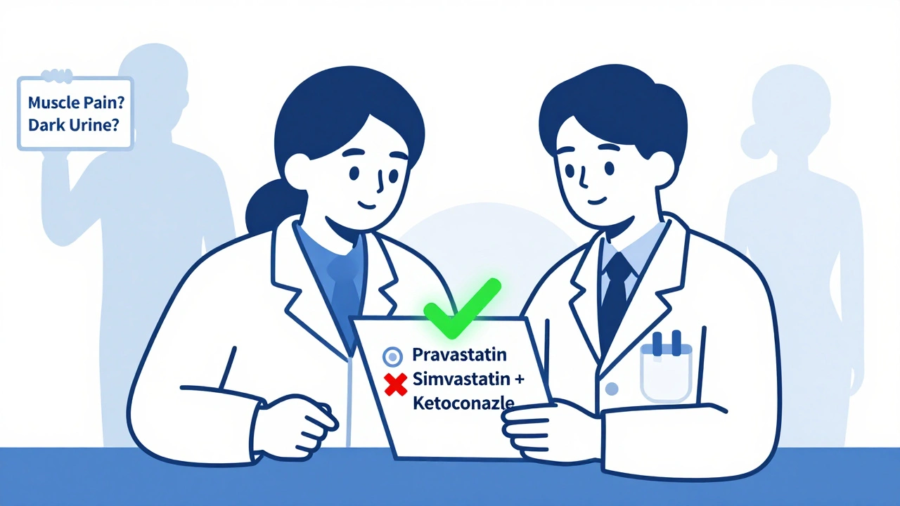 Pharmacist and doctor reviewing medication chart with green checkmark for safe statin and red X for dangerous combo.