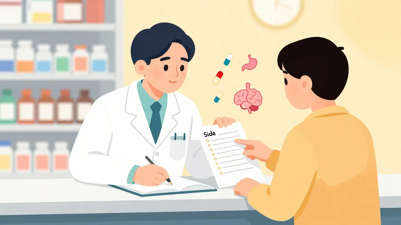 Pharmacist and patient discussing medication side effects at a pharmacy counter.