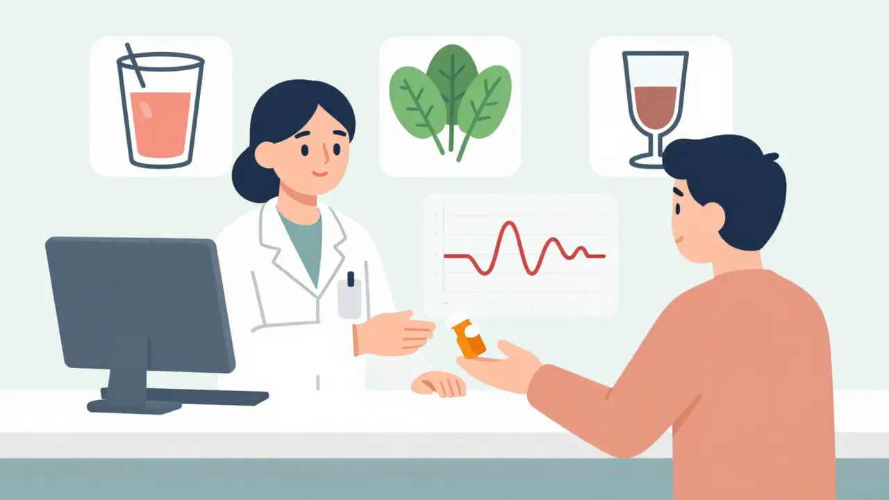 Pharmacist giving a pill bottle while dietary factors float nearby as icons.