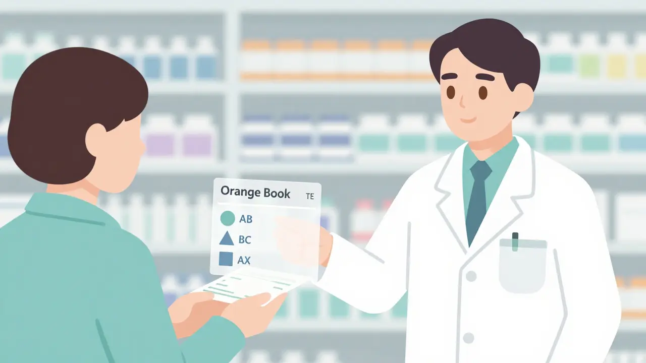 Pharmacist giving prescription with floating therapeutic equivalence codes